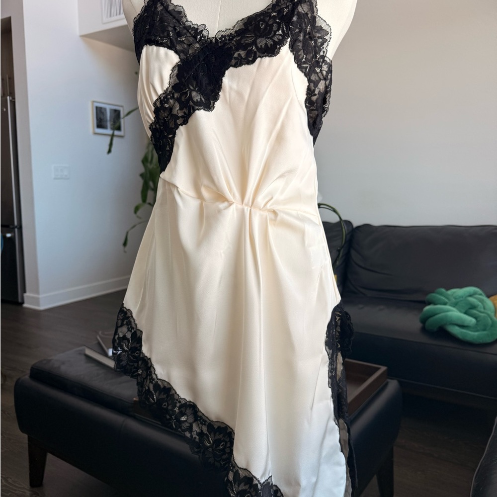Ivory Satin Slip top with Black Lace Trim